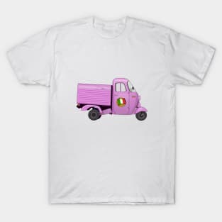 Vintage Pink Italian Motorized Rikshaw with Italian Flag Sticker on the Door T-Shirt